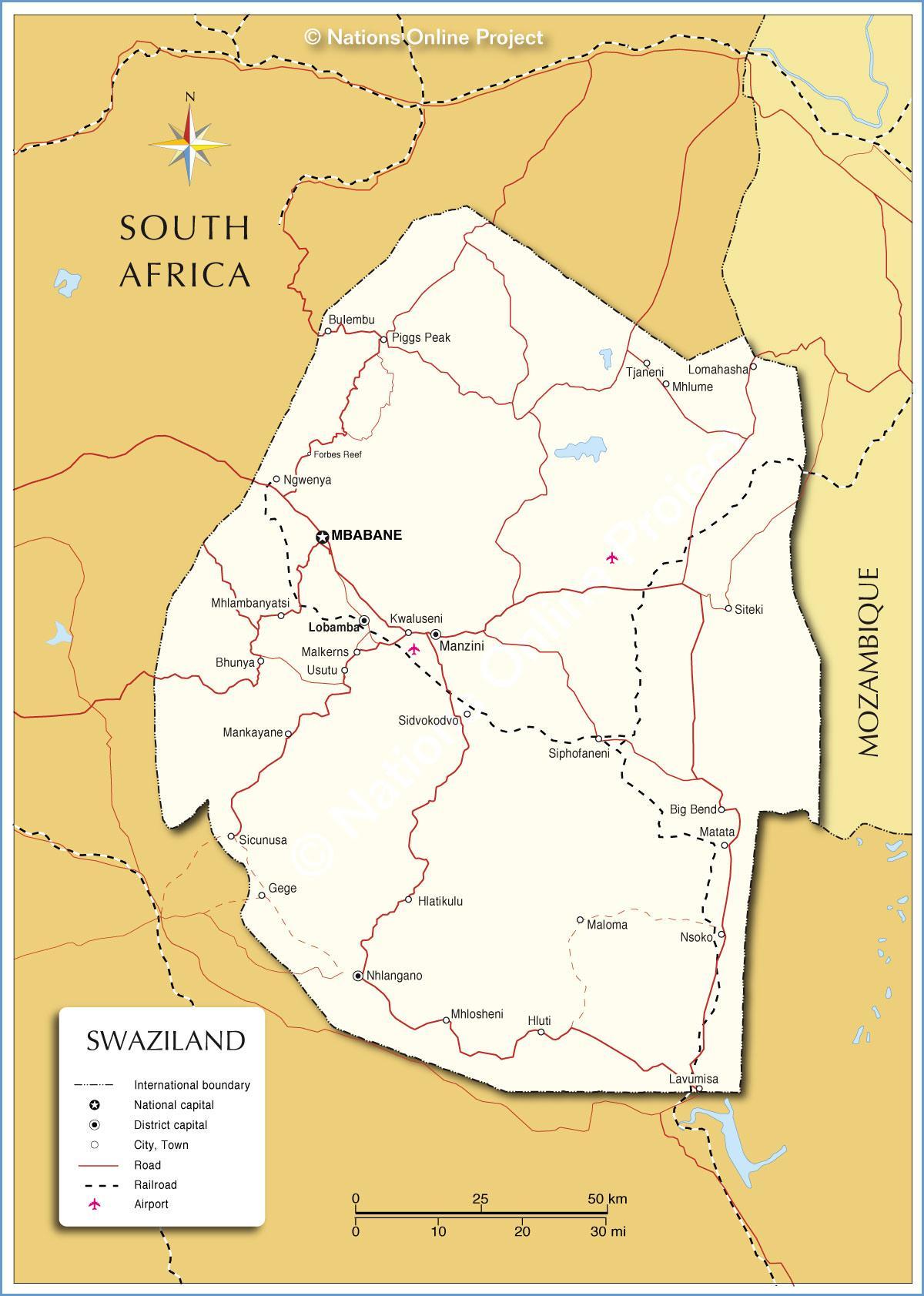 Swaziland kasabaların harita 